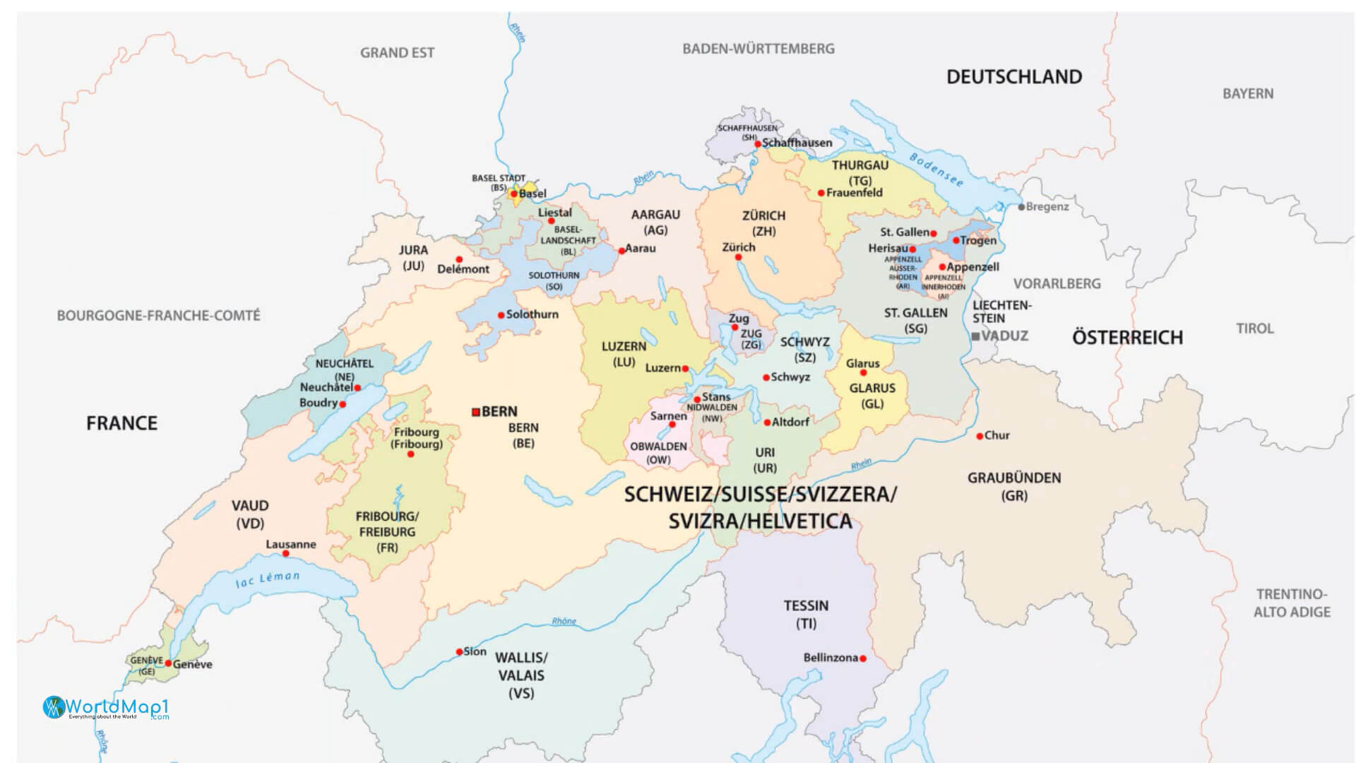 Switzerland Country and Cantons Border Map